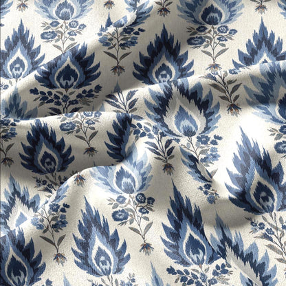 100% linen fabric Blue Ivory ikat floral print - Botanical artisanal Pattern - Ornate Home Decor 3456