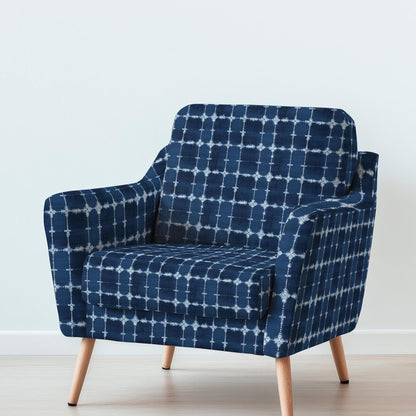 100% LINEN Fabric UPHOLSTERY 12oz - Indigo Shibori abstract window checks - Modern Geometric Dark Blue Neutral Minimal upholstery 2982