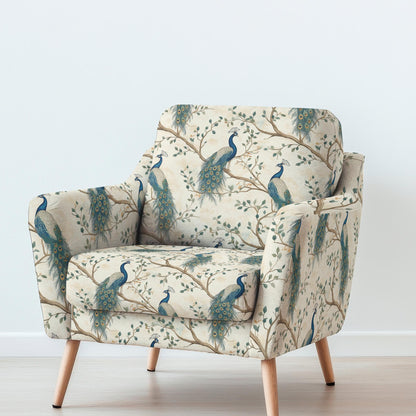 100% LINEN Fabric UPHOLSTERY 12oz - Peacock beige print on linen - Modern vintage pattern 354