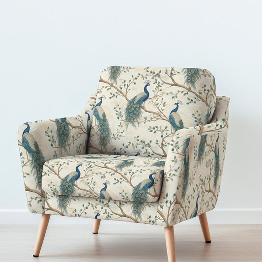 100% LINEN Fabric UPHOLSTERY 12oz - Peacock beige print on linen - Modern vintage pattern 354