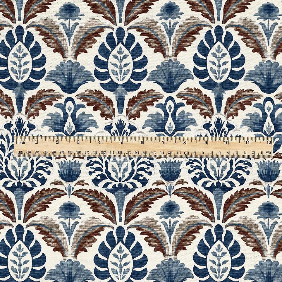 100% linen fabric Blue Brown Indian Block Print - Large Scale Botanical Damask Pattern for Upholstery Curtains Home Decor 3432