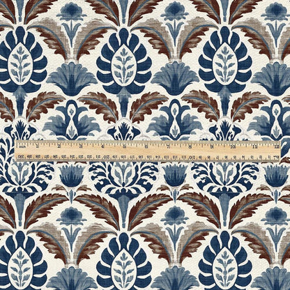100% linen fabric Blue Brown Indian Block Print - Large Scale Botanical Damask Pattern for Upholstery Curtains Home Decor 3432