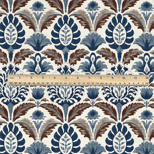 100% linen fabric Blue Brown Indian Block Print - Large Scale Botanical Damask Pattern for Upholstery Curtains Home Decor 3432