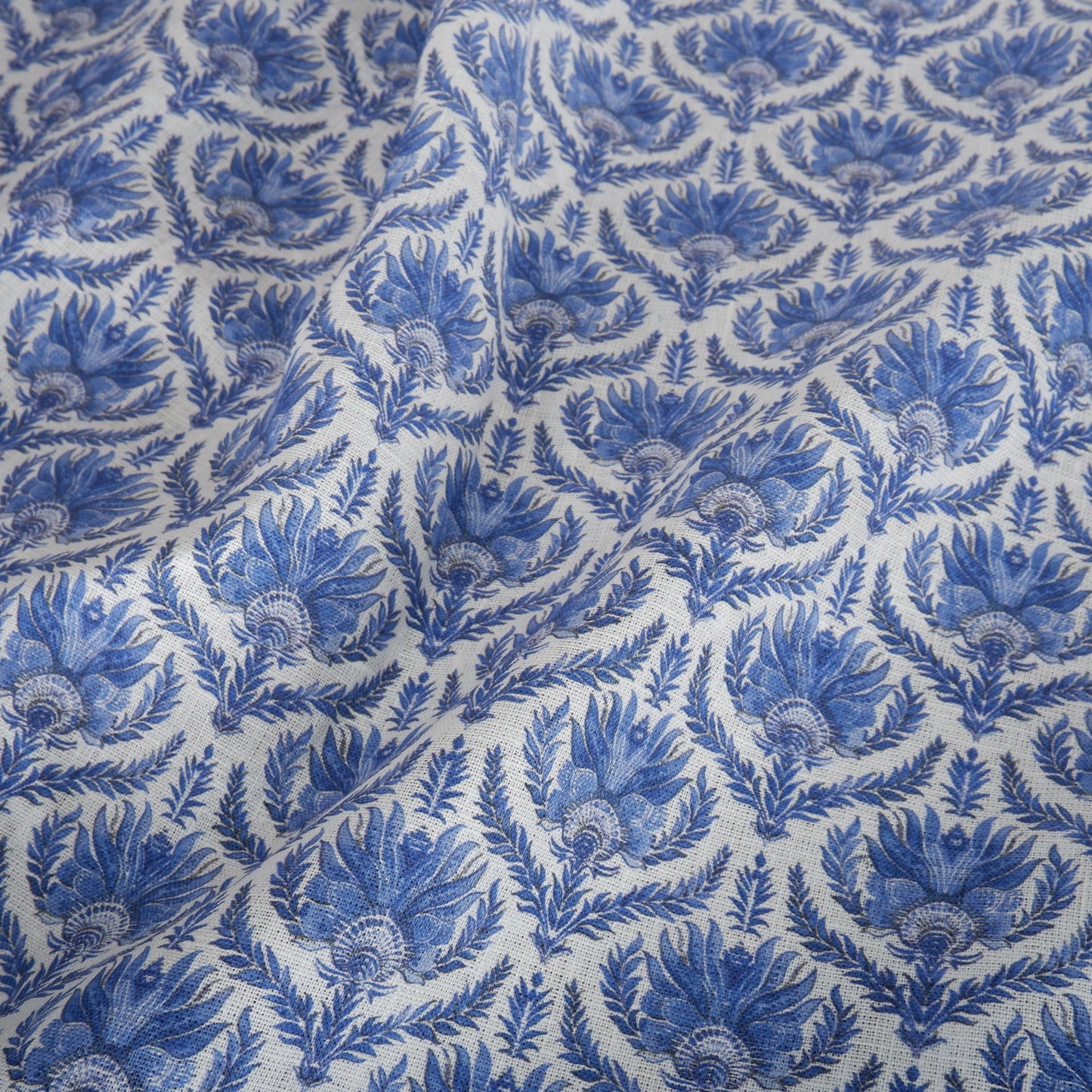 100% LINEN Fabric French blue block print on white linen - toile de jouy fabric - floral upholstery heavy or dressmaking medium weight 2510