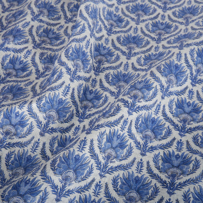 100% LINEN Fabric French blue block print on white linen - toile de jouy fabric - floral upholstery heavy or dressmaking medium weight 2510