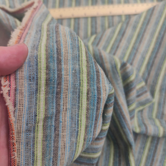 Premium Linen Santorini striped Fabric in blue green | Medium weight multicolor stripes in blue green navy  | button up shirting fabric T143