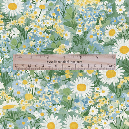 100% LINEN Fabric Chamomile meadow print - Swedish  floral linen heavy for upholstery home decor - medium for dress making 2899