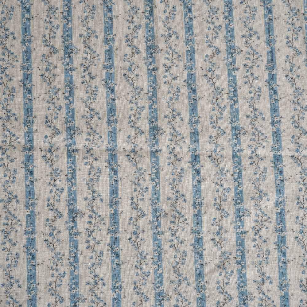 100% LINEN Fabric floral stripe block print on oatmeal linen - blue gray heavy fabric for upholstery - medium weight linen dress making 2502