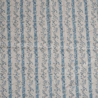 100% LINEN Fabric floral stripe block print on oatmeal linen - blue gray heavy fabric for upholstery - medium weight linen dress making 2502