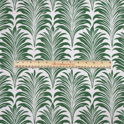 100% LINEN Fabric UPHOLSTERY 12oz - green palm leaves block print on oatmeal linen - Modern vintage Victorian floral upholstery 2306