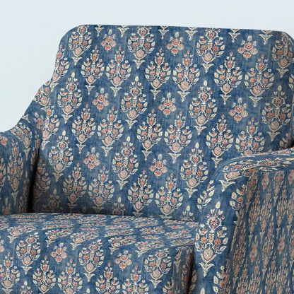 100% LINEN Fabric UPHOLSTERY 12oz - Block print blue beige red print on linen - Modern vintage pattern 322