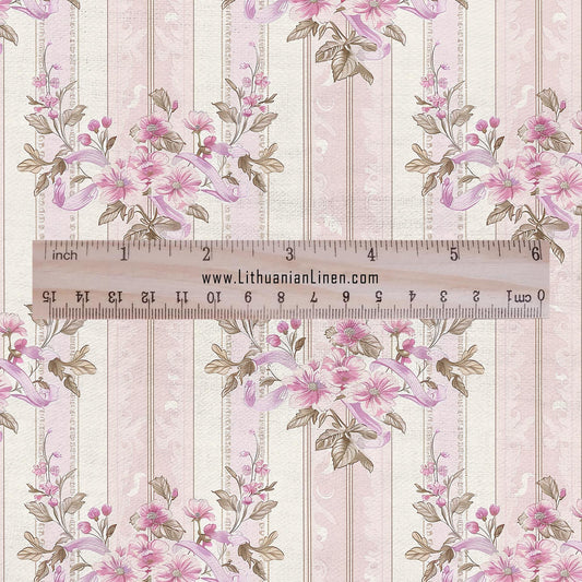 100% LINEN Fabric Vintage floral stripe print - retro pink beige white  - for upholstery home decor - medium for dress making 2864