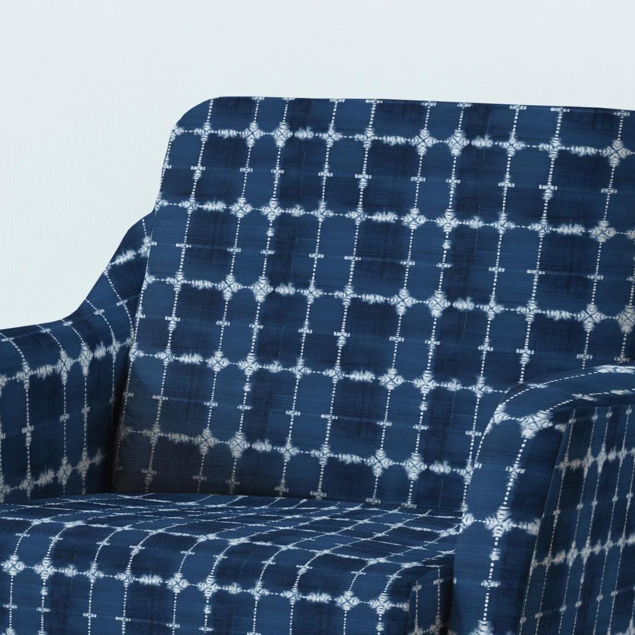 100% LINEN Fabric UPHOLSTERY 12oz - Indigo Shibori abstract window checks - Modern Geometric Dark Blue Neutral Minimal upholstery 2982