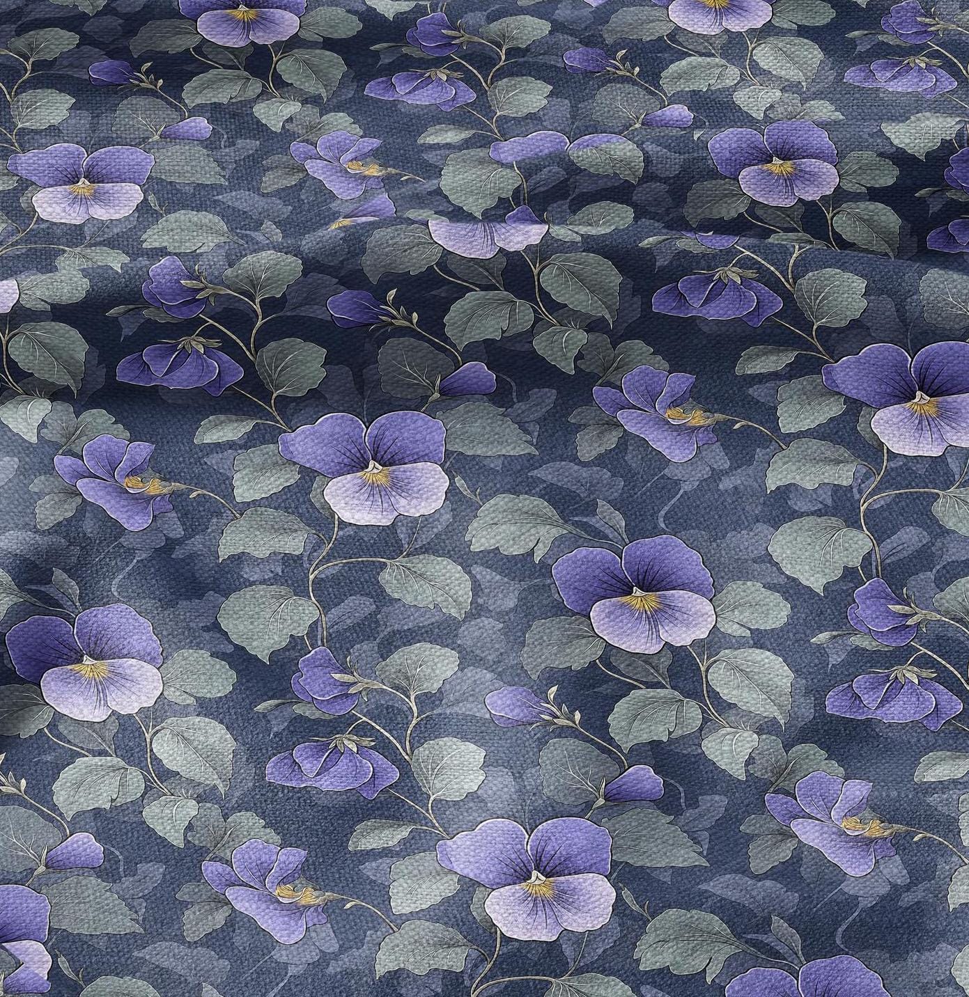 100% LINEN Fabric floral with Viola flower - heavy linen fabric with dark purple print for upholstery home decor curtains dress making