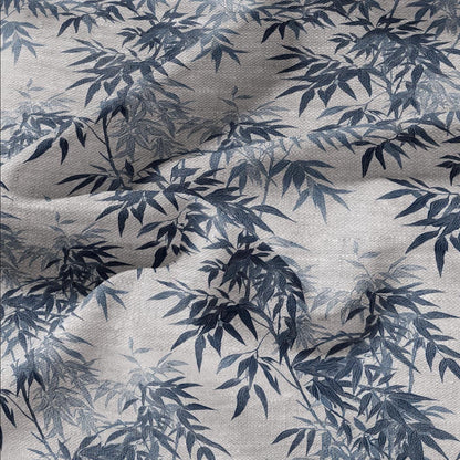 100% LINEN Fabric Bamboo blue print - botanical floral on oatmeal linen - chinoiserie modern vintage 3050