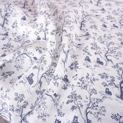 100% LINEN Fabric Toile de Jouy trees with cats - linen fabric with indigo blue print - French linen fabric upholstery dress making curtains
