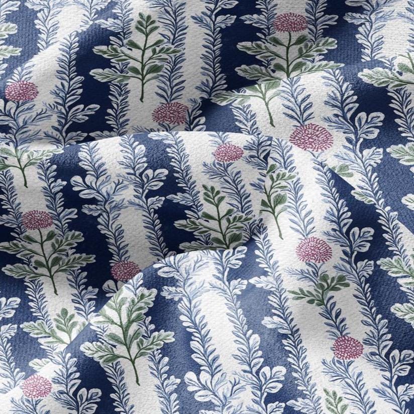 100% LINEN Fabric Floral stripe blue pink white - french botanical floral upholstery home textile Victorian fabrics 3092