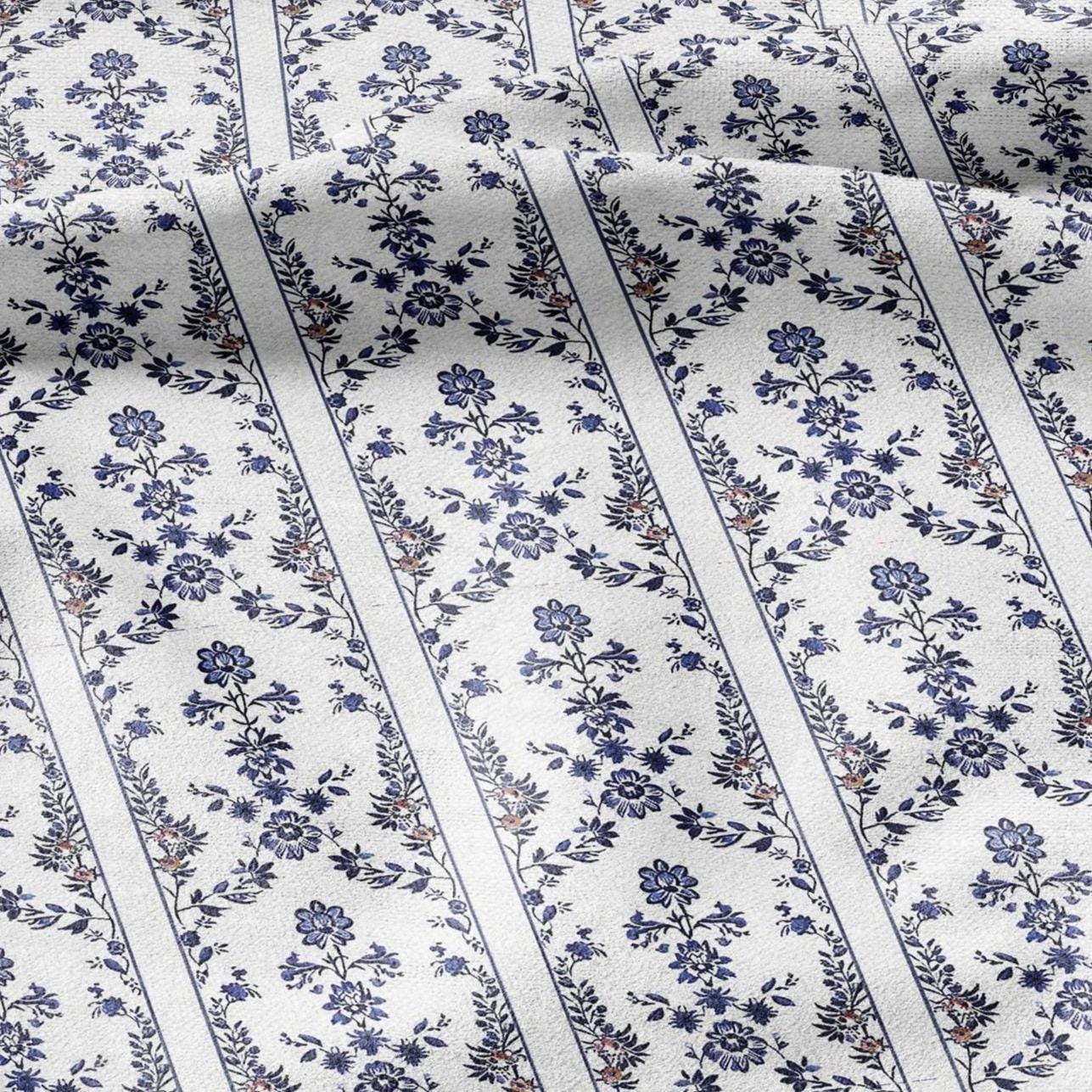 100% LINEN Fabric stripe print blue indigo flower linen - floral fabric for upholstery home decor dress making 2390