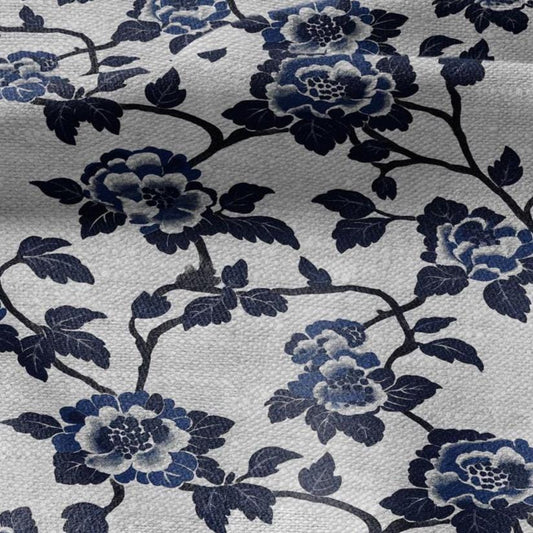 100% LINEN Fabric Block print blue roses - oatmeal linen fabric with japanese print - heavy for home decor clothing 2381