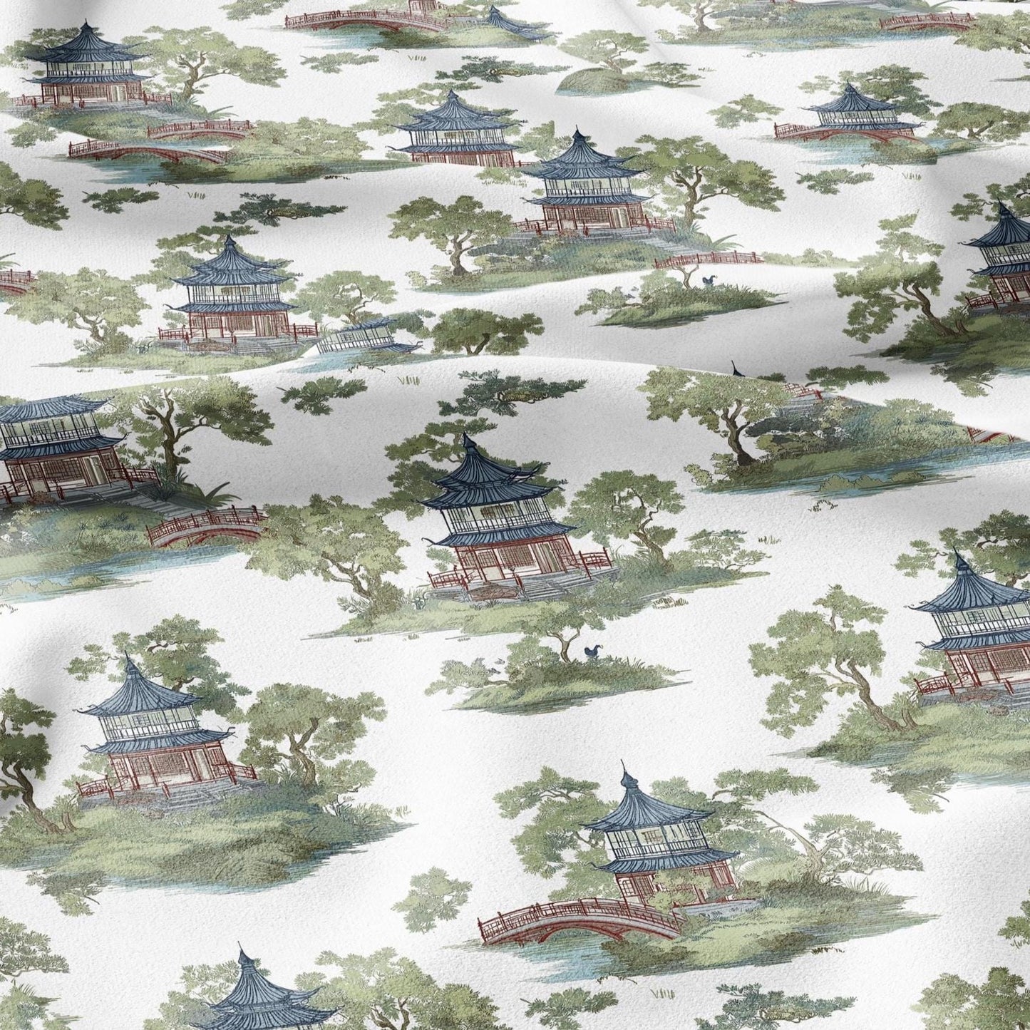 100% LINEN Fabric oriental print with pagoda - linen fabric with botanical print -  heavy linen fabric for upholstery home decor 2876