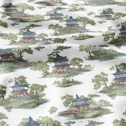 100% LINEN Fabric oriental print with pagoda - linen fabric with botanical print -  heavy linen fabric for upholstery home decor 2876