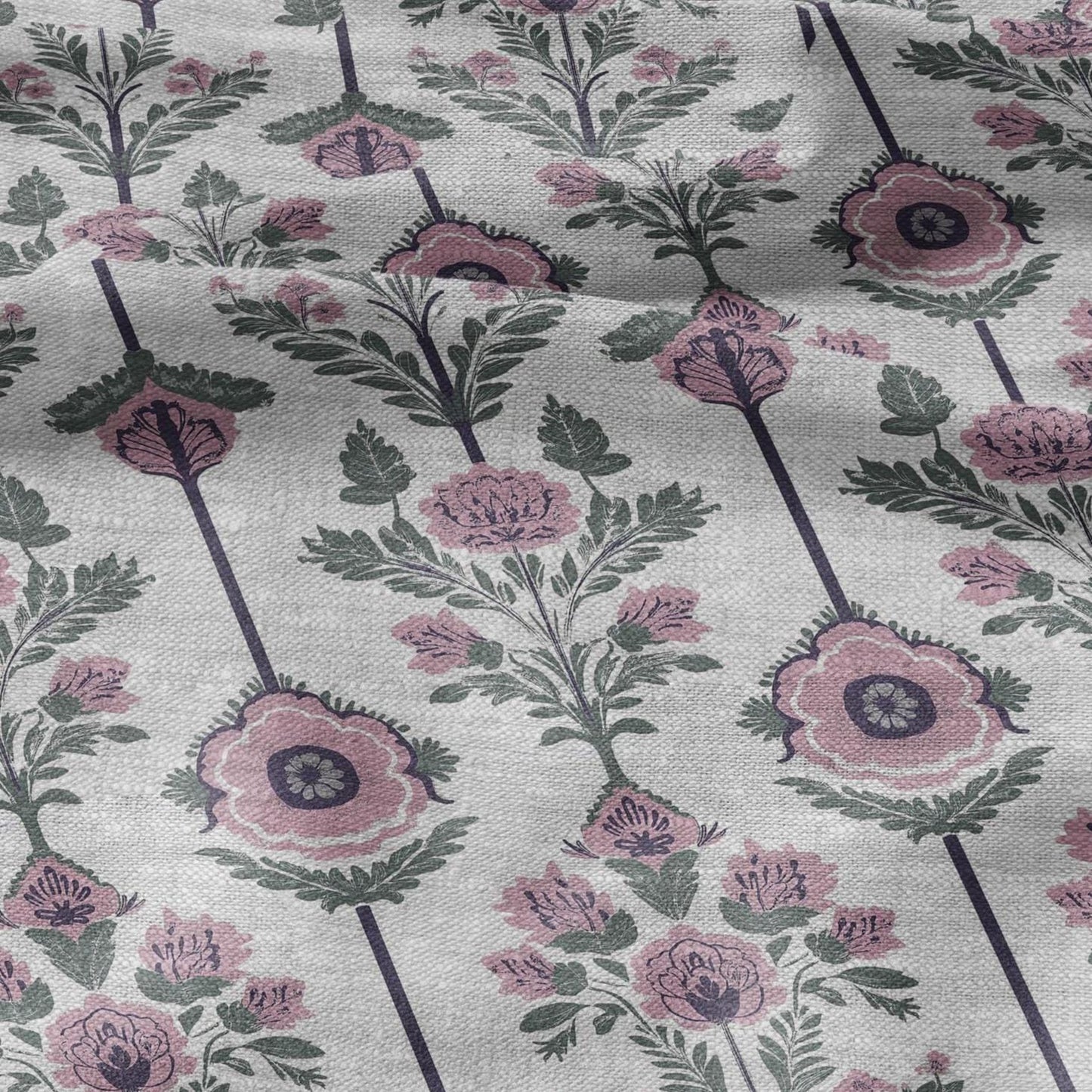 100% LINEN Fabric preppy pink stripes - floral geometric print on oatmeal linen for home decor sewign dress clothing 2861