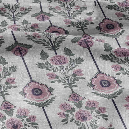 100% LINEN Fabric preppy pink stripes - floral geometric print on oatmeal linen for home decor sewign dress clothing 2861