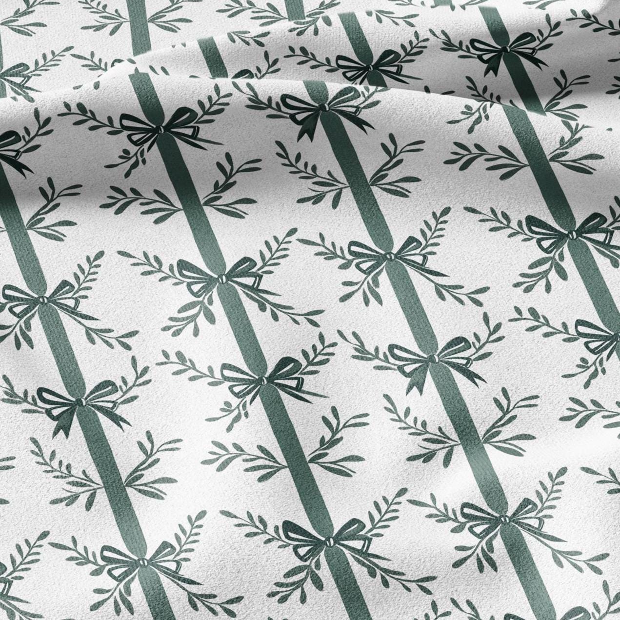 100% LINEN Fabric Green bow block print on white -  heavy linen fabric for upholstery home decor or medium for dress making 2129