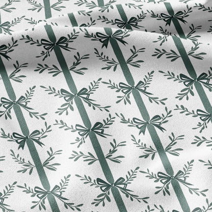 100% LINEN Fabric Green bow block print on white -  heavy linen fabric for upholstery home decor or medium for dress making 2129