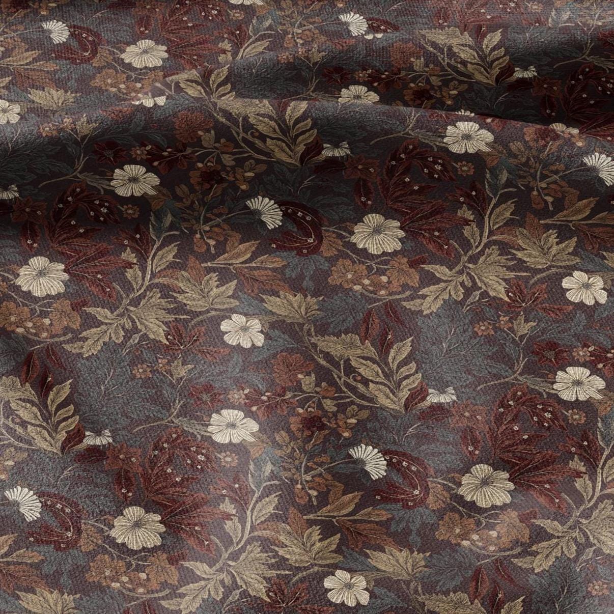 100% LINEN Fabric Autumn leaves floral print - Modern botanical - brown 3026