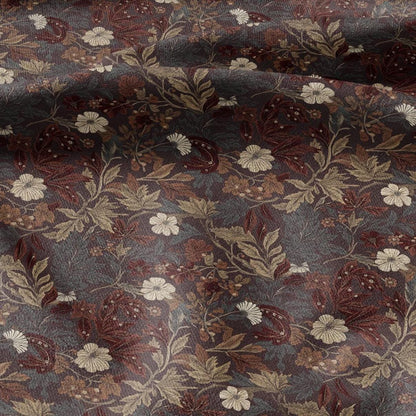 100% LINEN Fabric Autumn leaves floral print - Modern botanical - brown 3026