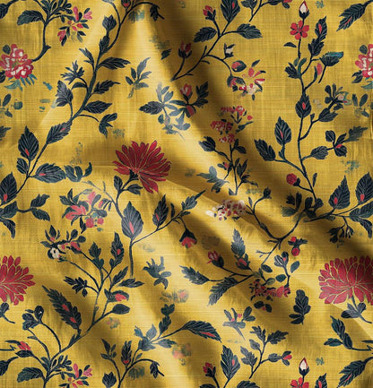 100% LINEN Fabric in heavy weight with floral mustard print - botanical linen fabric for upholstery home decor curtains pillowcases 2563