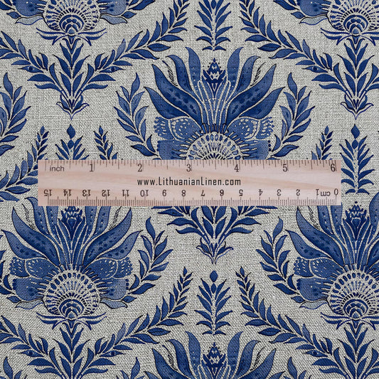 100% LINEN Fabric UPHOLSTERY 12oz - French block print blue on oatmeal linen - Modern vintage floral upholstery 305