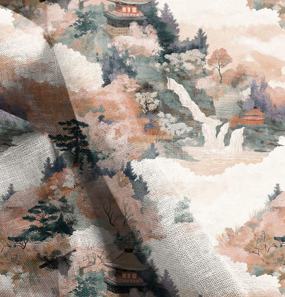 100% LINEN Fabric Kyoto in autumn print,  linen fabric withJapanese scenery print, heavy linen fabric for upholstery home decor