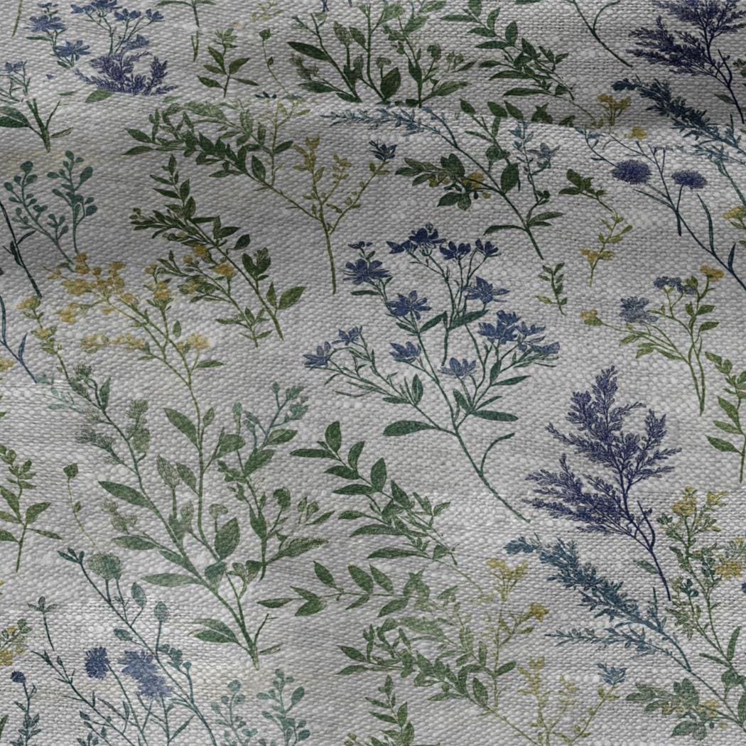 100% LINEN Fabric meadow flowers blue print - botanical floral on oatmeal linen - modern vintage 3038