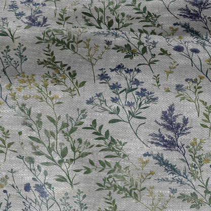 100% LINEN Fabric meadow flowers blue print - botanical floral on oatmeal linen - modern vintage 3038