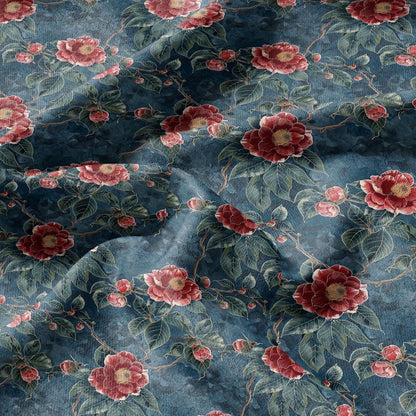 100% LINEN Fabric oriental print - chinoiserie roses blossom print - upholstery home decor clothing sewing 2132