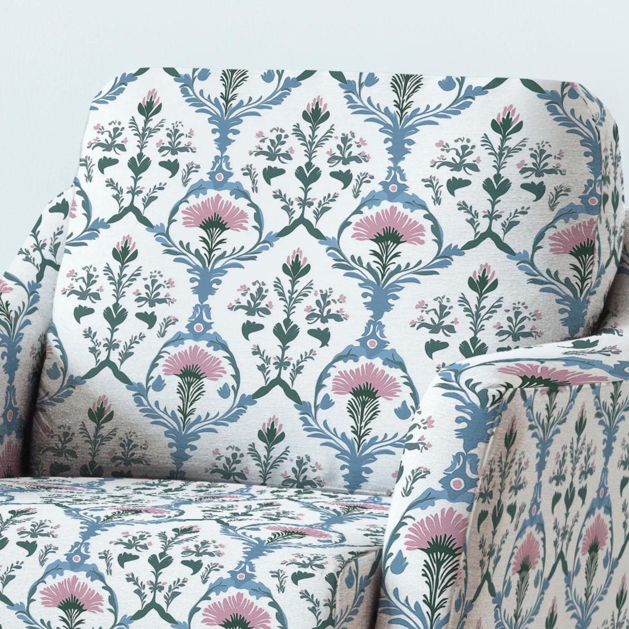 100% LINEN Fabric UPHOLSTERY 12oz - Preppy print on linen - pink blue green Grandmillenial - floral upholstery 2254