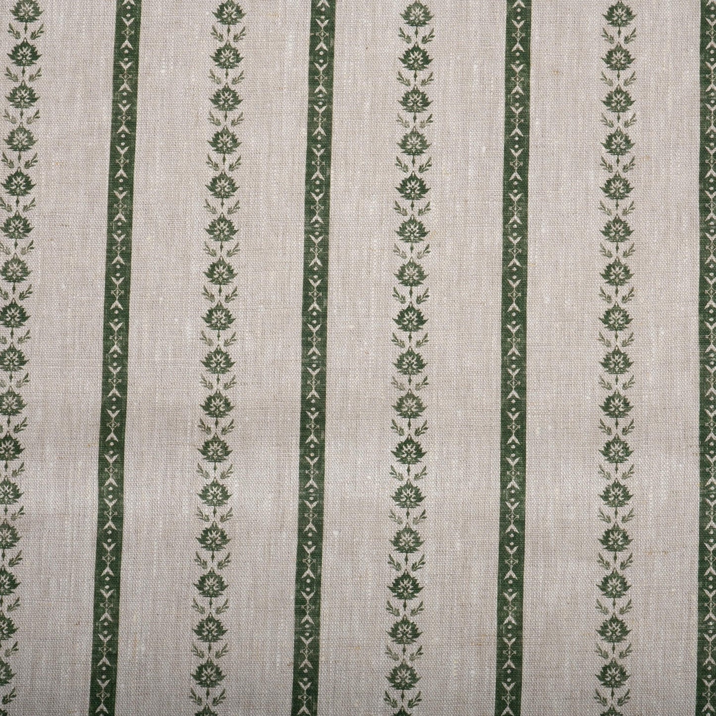 100% LINEN Fabric Striped floral print - block print green leaves on oatmeal linen for upholstery curtains dress making 2687