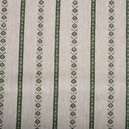 100% LINEN Fabric Striped floral print - block print green leaves on oatmeal linen for upholstery curtains dress making 2687