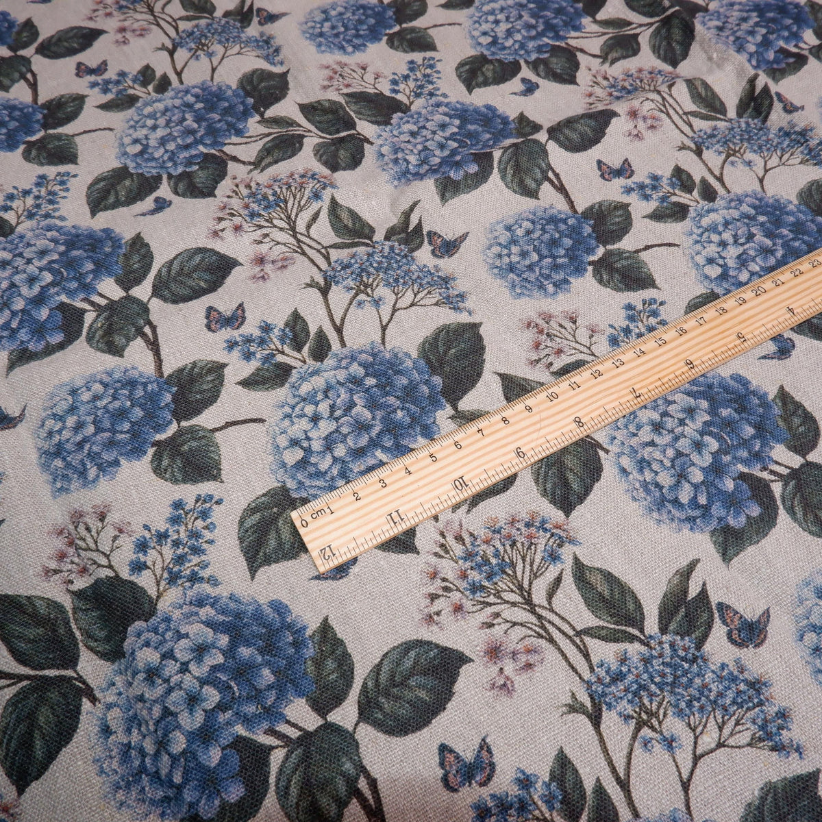 100% LINEN Fabric print Blue Hydrangea -  floral botanical print - heavy for upholstery home decor clothing 3726