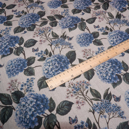 100% LINEN Fabric print Blue Hydrangea -  floral botanical print - heavy for upholstery home decor clothing 3726