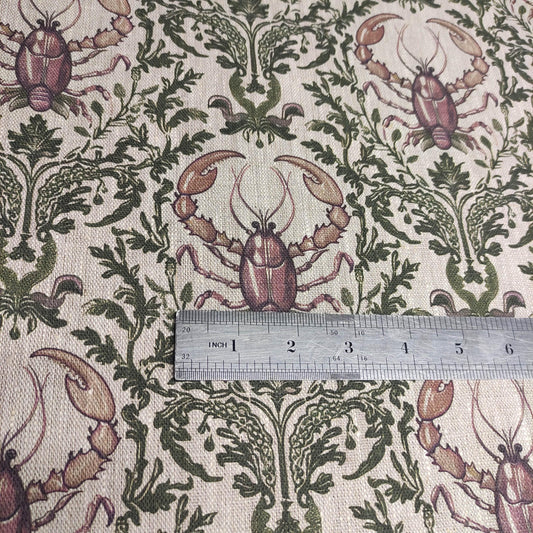 100% LINEN Fabric LOBSTER print, oatmeal linen fabric with green purple coastal print for upholstery home decor LOBSTER