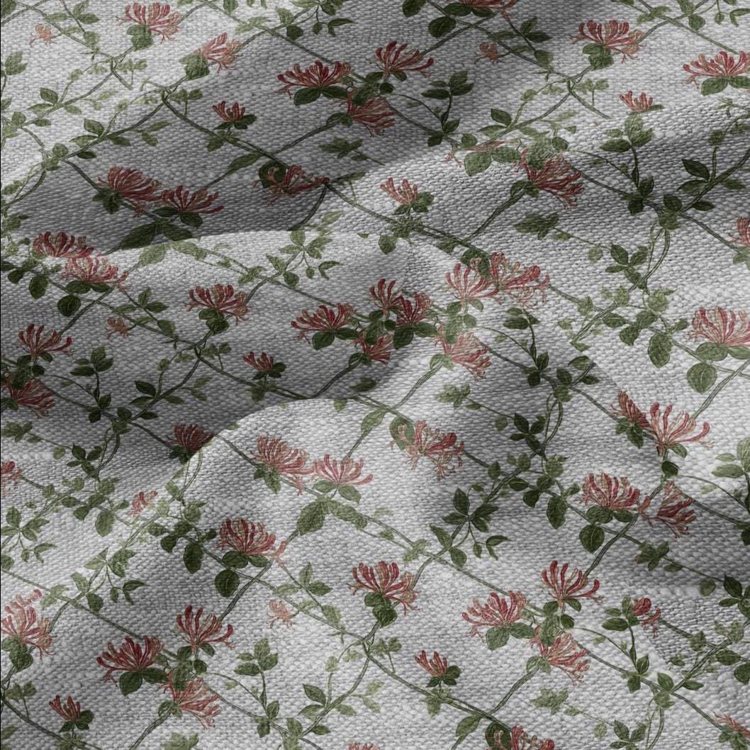 100% LINEN Fabric honeysuckle trellis print - oatmeal linen fabric with floral print - modern vintage botanical 3357