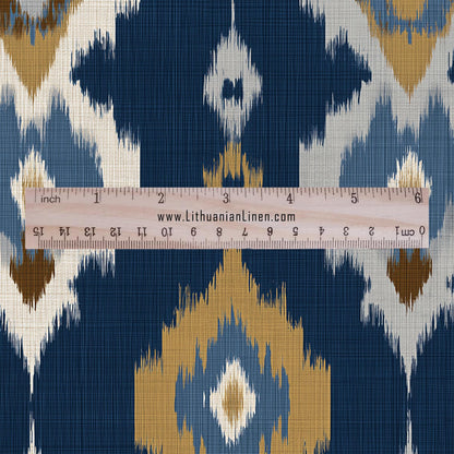 100% LINEN Fabric Abstract Ikat ethno print - Modern Navy Blue beige - for upholstery home decor curtains pillows sewing dress 2972