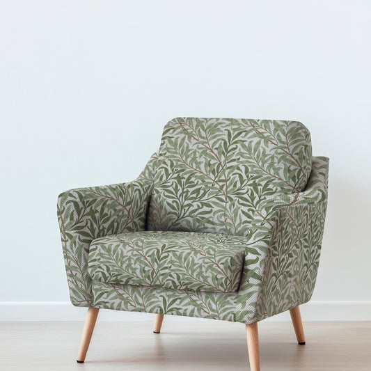 100% LINEN Fabric UPHOLSTERY 12oz - Green leaves William Morris Bough Willow on oatmeal - Modern vintage historical British floral 2981G