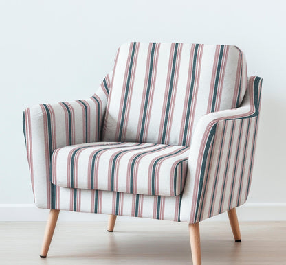 100% LINEN Fabric UPHOLSTERY 12oz - Belgian red ticking stripe on white linen - Modern vintage Grandmillenial upholstery 2969