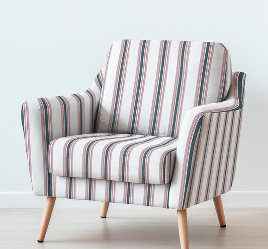 100% LINEN Fabric UPHOLSTERY 12oz - Belgian red ticking stripe on white linen - Modern vintage Grandmillenial upholstery 2969