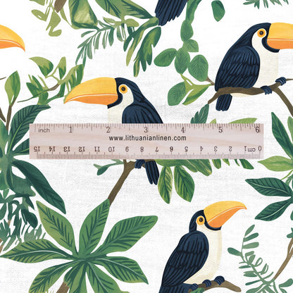 100% LINEN Fabric Tropical Toucan birds - floral linen Fabric by Yard by LithuanianLinen for upholstery dressmaking curtains home textile
