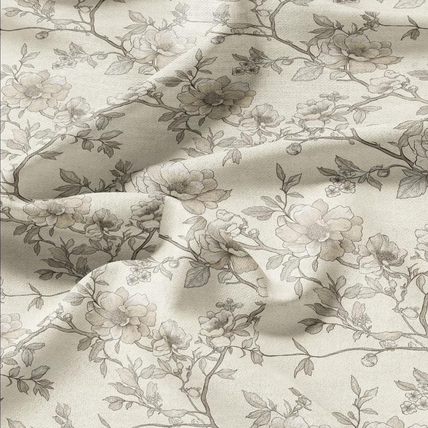 100% LINEN Fabric - beige Wild roses blossom print on white linen - floral botanical French Provence - upholstery sewing dress 2200